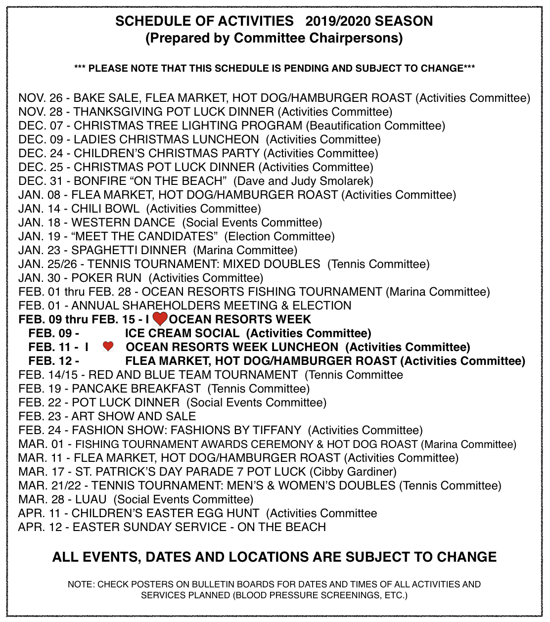 Activities Schedule 201920 — Ocean Resorts Coop, Inc.